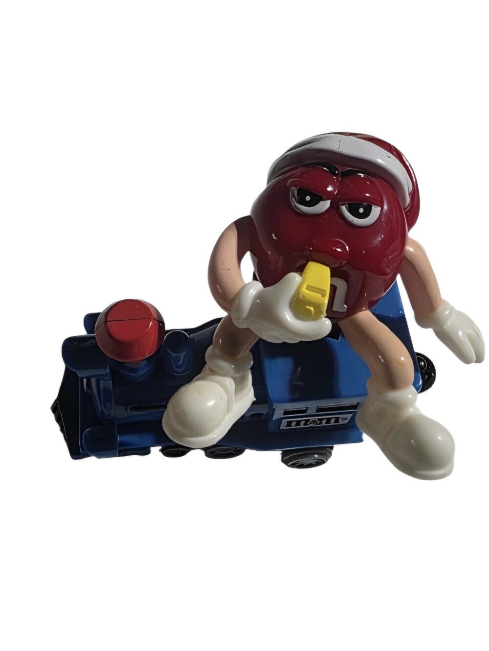 Red M&M on Blue Train w black hitch Collectible Vintage Toy for Christmas Trains